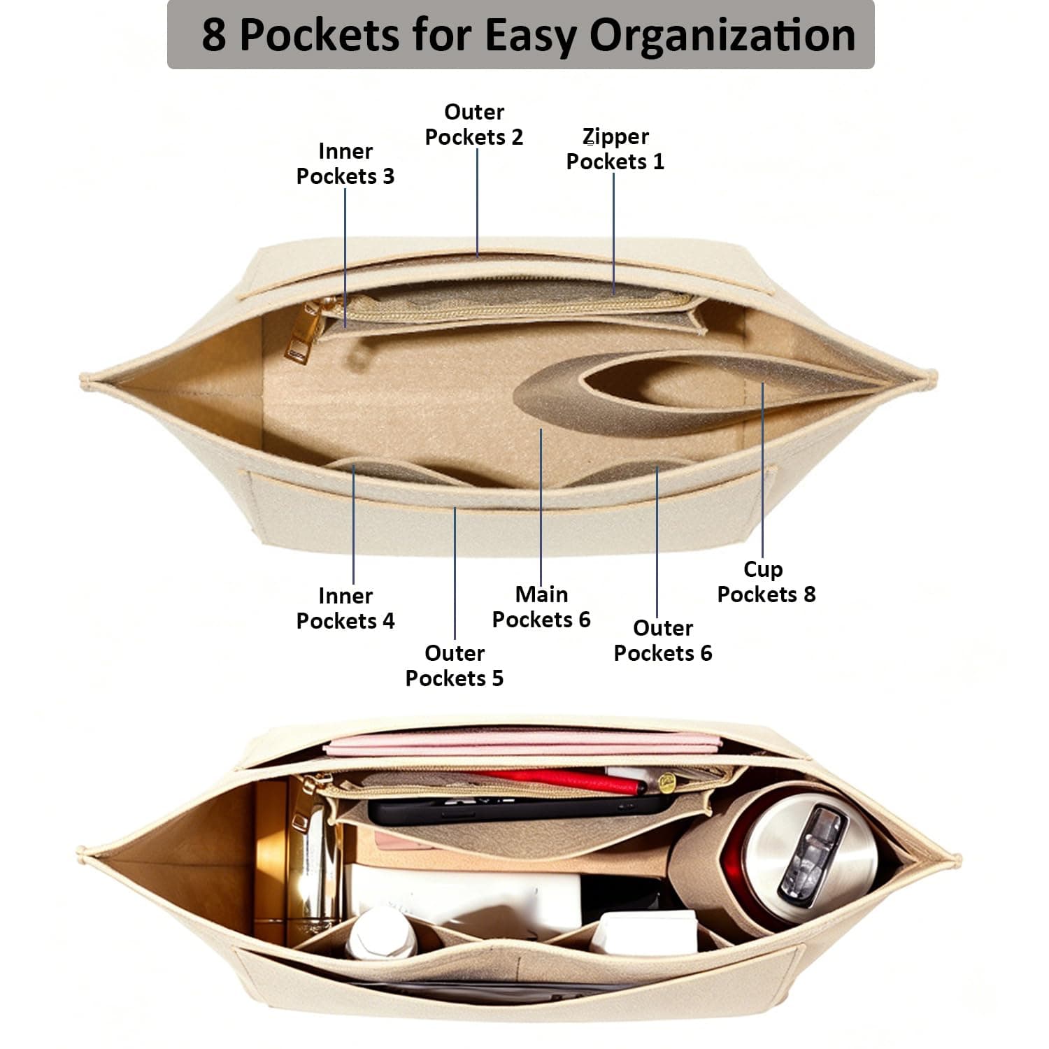 Longchmp Bag Organiser, Purse Bag Insert Organiser for Longchmp le pliage Large Tote Handbags, Premium Felt Organizer for Long Chap Tote Handbag Women with 8 Compartments (Beige, L) thumbnail 4