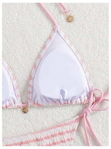 WDIRARA Women's Striped Halter Bikini Top Tie Backless Triangle String Cute Swim Tops with Charm thumbnail 5