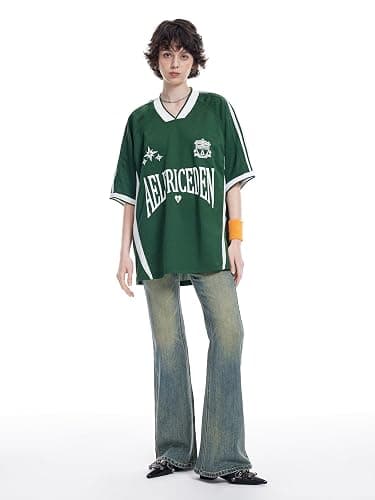 Aelfric Eden Jersey Shirts Women Oversized Mesh V Neck Graphic Tees Y2k Color Block Short Sleeve T Shirt Tops - Medium - Green thumbnail 4