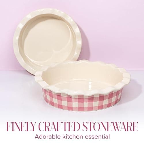 Paris Hilton Ceramic Pie Dish Set, 7-Inch and 9-Inch Stoneware Baking Dishes with Fluted Rim and Gingham Design, Oven Safe up to 450°F, 2-Piece, Pink thumbnail 6