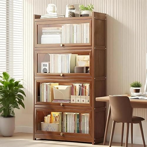 qeknxks 55" Bamboo Bookcases,Book Shelfs with Acrylic Doors,Freestanding Display Storage Shelves for Collectibles,4 Tier Tall Bookshelfs & Bookcases for Living Room Bedroom Home Office thumbnail 8