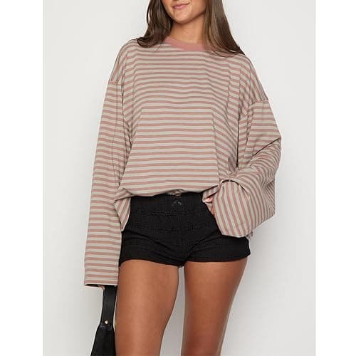 KOSUSANILL Women Oversized Striped Long Sleeve Shirt Crewneck Cropped Tops Drop Shoulder Y2K Preppy Sweatshirt Fall Clothes thumbnail 2