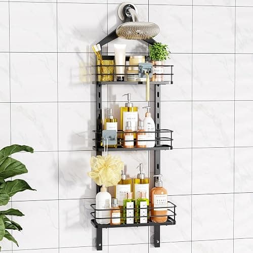 ODesign 3 Tier Height-Adjustable Shower Caddy Hanging Hanger Anti-Swing-Over The Shower Head Caddy-Shower Storage Organizer Bathroom Shelves Basket Shower Caddies-Black,11.9" x 4.84" x 36.2" - Image 1