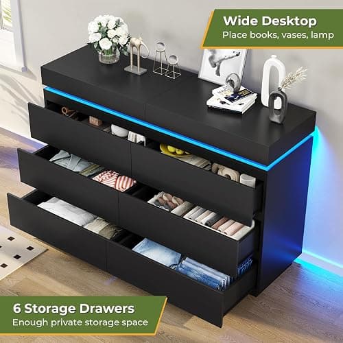 DICTAC Modern 6 Drawer Dresser with Sliding Desktop, Wide Chest of Drawers with Charging Station & LED Lights, Large Storage Tower Clothes Organizer, Black Dresser for Bedroom thumbnail 3