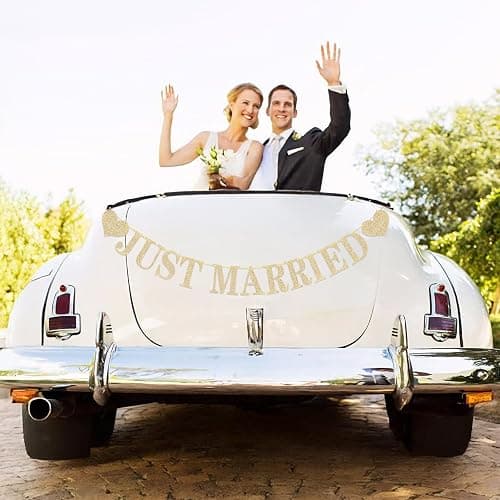 Pre-Strung Just Married Banner NO DIY Just Married Sign Gold Glitter Wedding Banner for Just Married Wedding Reception Ceremony Party and Car Decorations thumbnail 2