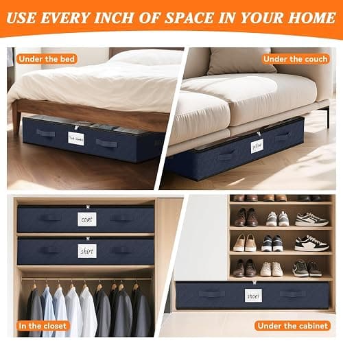 SpaceWhisper 90L Under Bed Storage Containers, 4-Pack Storage Bins with Clear Top, Foldable Closet Organizers and Storage with Label Holder for Clothing, Blankets, Comforter & Pillows(Blue) thumbnail 7