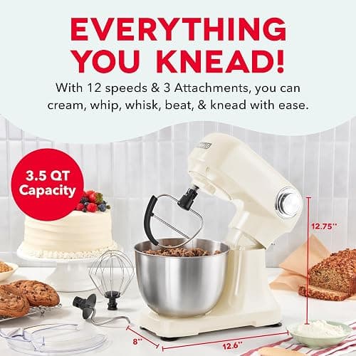 Dash 3.5QT Tilt-Head Stand Mixer - Electric Stand Mixer with Stainless Steel Bowl and Splash Guard For Baking - Cream, 3.5-Quart thumbnail 2