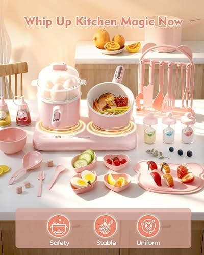 Kids Cooking Sets Real Electric Dual Stove - Montessori Real Cooking Set with Mini Kitchen Tools, Safe Utensils, Apron & Cookware - Great for Pretend Play Montessori Learning (Pink) thumbnail 5