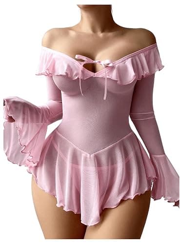OYOANGLE Women's 2 Piece Off Shoulder Long Sleeve Ruffle Mesh Sheer Nightgowns with Thongs Babydoll Lingerie Set - Image 1