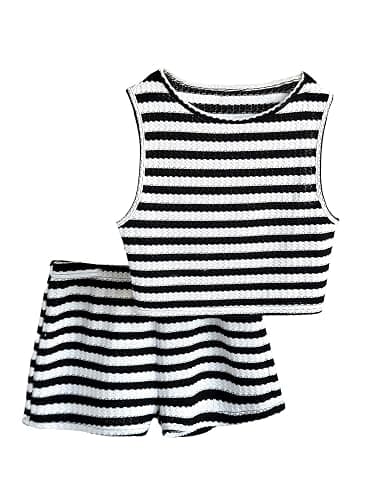 RoseSeek Girl's 2 Piece Striped Summer Outfits Textured Knit Sleeveless Crop Tank Top and Shorts Matching Set - Image 1