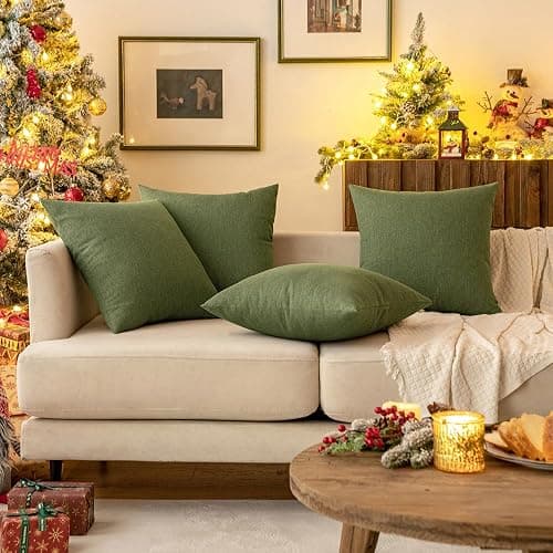 MIULEE Pack of 2 Decorative Outdoor Solid Waterproof Throw Pillow Covers Christmas Faux Linen Garden Farmhouse Cushion Cases for Patio Tent Balcony Couch Sofa 18x18 Inch Dark Green thumbnail 4