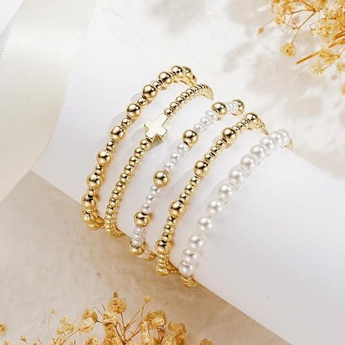 Turandoss 5PCS Gold Beaded Bracelets for Women Teen Girls, 14K Gold Plated | Gold Beaded Bracelet Stack, Dainty Turquoise Cross Pearl Round Ball Bracelet Set, Women Teenage Girls Birthday Gifts Jewelry thumbnail 6