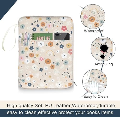 QRZIQRZ Rainbow Book Sleeve Pouch with Zipper, Paperback Book Protector Case,PU Leather Waterproof Book Pouch,Cute Floral Print Travel Book Carrying Case for Book Lovers Women,Book Cover for Hardcover - Cute Rainbow Floral thumbnail 7