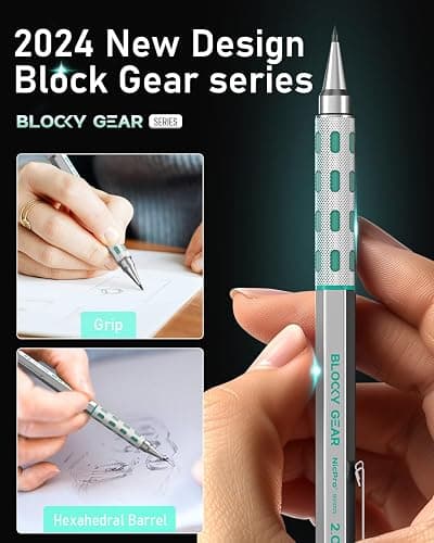 Nicpro Blocky Gear 2.0 mm Mechanical Pencils Set in Case, Metal Pencil with 6 Tubes 2mm Lead Refill (HB 2B 2H 4B 4H & Colors) Sharpeners, Eraser for Professional & Adult Art Writing Drafting Drawing thumbnail 8