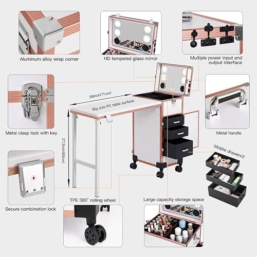 Rolling Portable Manicure Table with 3 Drawers, Lockable Makeup Train Case with Mirror & Nail Polish Organizer, Foldable Nail Desk with Wheels & Handle for Mobile Nail Techs & Salon Use,White thumbnail 4
