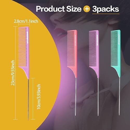 Goodofferplace 3 PCS Rat Tail Combs with Metal Pick for Braiding,Parting | Parting Rattail Teasing Comb,for Women Girls Curly Hair Detangling,Fine Tooth Comb for Salon Styling Tool(Pink Purple Green) thumbnail 2