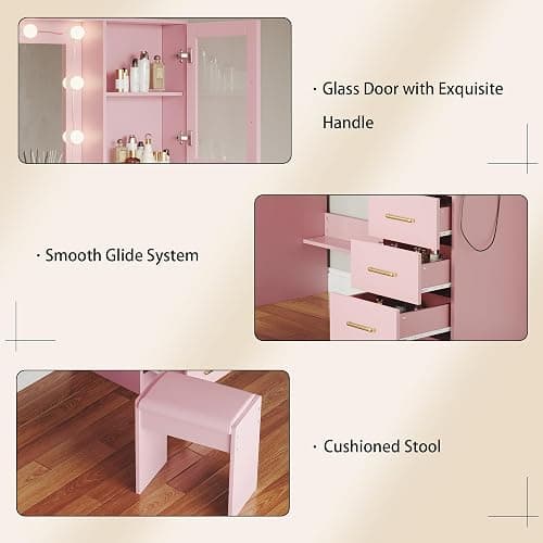 58.3" Makeup Vanity Desk with Charging Station, Pink Makeup Dressing Table with Mirror & Lights, 3 Lighting Modes Adjustable Brightness, Vanity Table with Power Outlet & 8 Drawers without Stool - 58.3 inch thumbnail 7