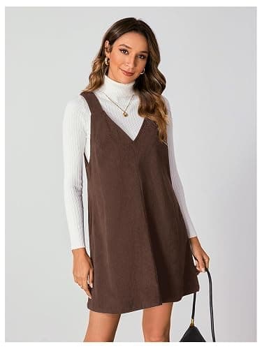 Milumia Women's V Neck Corduroy Overall Dress Mini Pinafore Jumper Dress | 2026 Fall, A Line, Spring, for Ladies, 90s, Going Out, Loose Romper, Casual Short Dresses thumbnail 5
