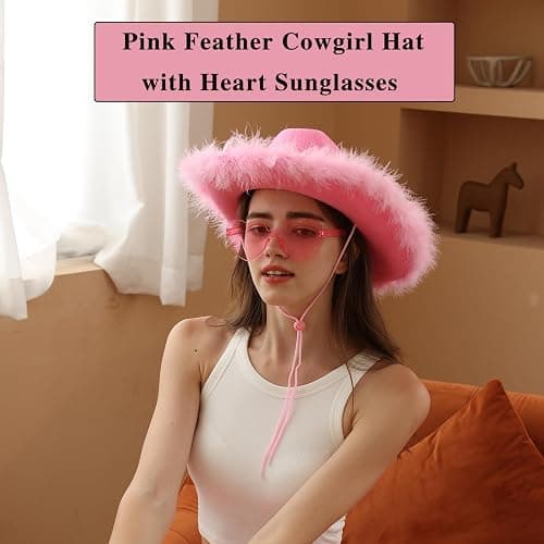 ZEBSF Feathers Cowboy Cowgirl Hat with Heart Sunglasses - Cowboy Hats for Women Bachelorette Birthday Disco Party thumbnail 2