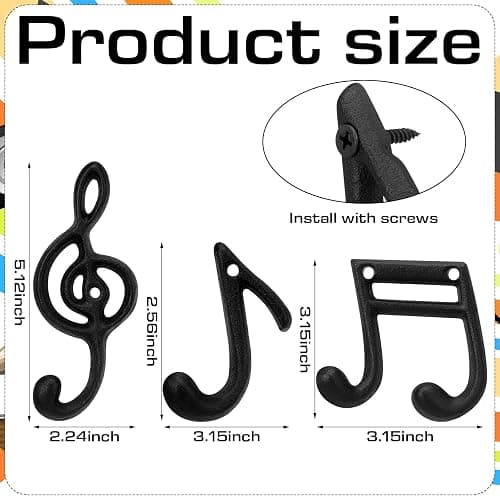 Otoolling 3 Pcs Musical Note Black Finish Cast Iron Hook Musical Note Wall Decorative Hooks with Screws for Music Room Home Kitchen Outdoor Garden Hanging Clothes Caps Bags thumbnail 3