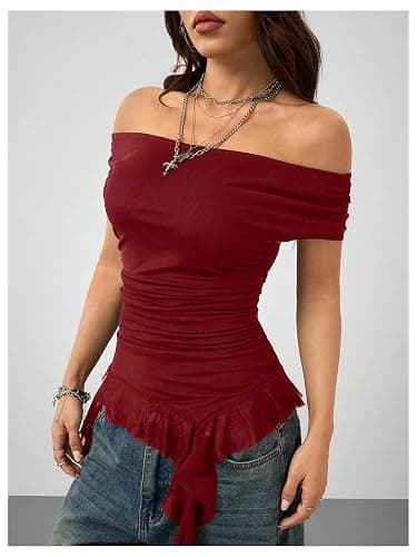 SweatyRocks Women's Off The Shoulder Asymmetrical Top Y2k T Shirts | Cap Sleeve Ruffle Mesh, Flowy Fit, Going Out, Country Concert Outfit thumbnail 4