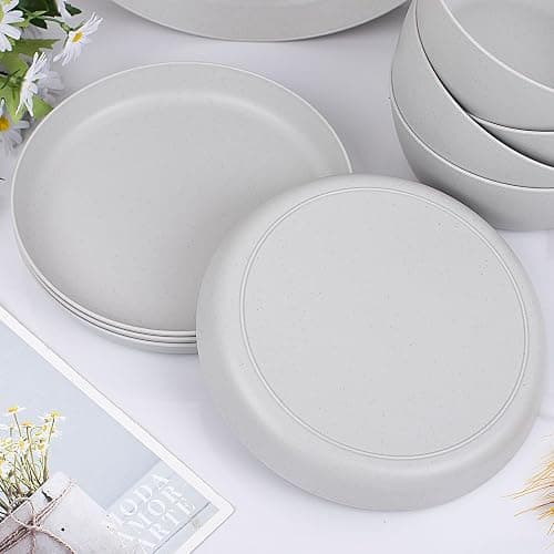 EI 12pcs Wheat Straw Dinnerware Set of 4,Plastic Plates Reuasble Unbreakable,Plastic Plates and Bowls Sets for Camping,Picninc,Family Dinner thumbnail 7