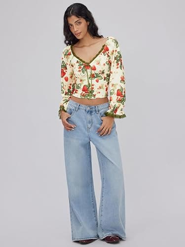 CIDER Women's Cute Crop Tops Strawberry Long Sleeve Tops Lace Trim V Neck Shirts Casual Spring Fall Outfits Y2K thumbnail 2