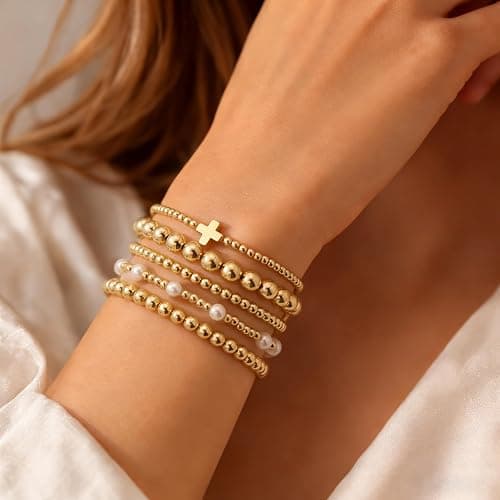 Fohufo Gold Bracelets for Women Jewelry - Easter Basket Stuffers, Cross/Pearl/Beaded Bracelets Set, Dainty 14K Gold Plated Beaded Bracelets Stack, Birthday Easter Gifts for Women thumbnail 2