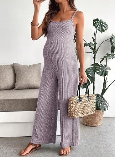 BLENCOT Maternity Ribbed Jumpsuit Stretchy One Piece Wide Leg Romper | Women's Sleeveless Square Neck Adjustable Strap High Waist Casual Lounge Sets Pregnancy Clothes Fashion 2026 thumbnail 4