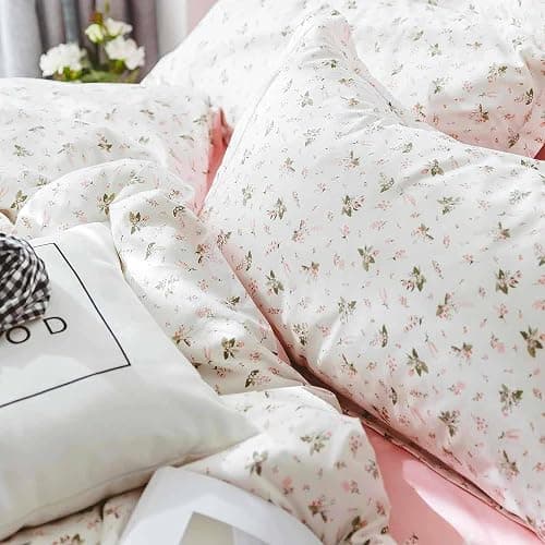 Faincy Floral Twin Size Comforter Set, Pink White Flower Leaf Pattern Printed Preppy Reversible Alternative Bed Sets - 68 x 90 2PC Soft Microfiber Duvet Vintage Bedding in a Bag for Women Girls thumbnail 6
