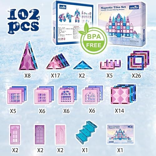 Little Pi 102pcs Frozen Princess Castle Magnetic Tiles Building Blocks - 3D Diamond Blocks, STEM Educational Toddler Toys for Pretend Play, 4 Year Old Girl Birthday Gifts Kids Ages 3 5 6 7 8 - Blue thumbnail 6