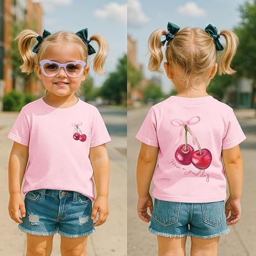 BINTEHGS Girls Cute Graphic Tees Kids Bow Cherry Shirt Aesthetic Short Sleeve T Shirts Casual Summer Crew Neck Top Clothes thumbnail 4