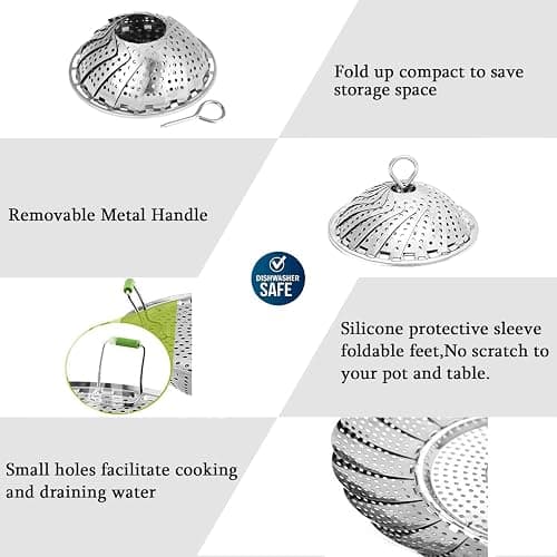 Steamer Basket Stainless Steel Vegetable Basket Metal Handle Folding Silicone Feet Steamer Insert for Cooking Veggies Fish Seafood Include Safety Tool,Fit Various Pot Pressure Cooker (5.3" to 9") thumbnail 3