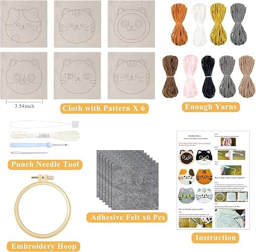 Morledoa Punch Needle Coasters Kit, Punch Needle Kits Adults Beginner, Cat Coasters Kit with Adhesive Felt, Yarns, Embroidery Hoop, Instruction thumbnail 2
