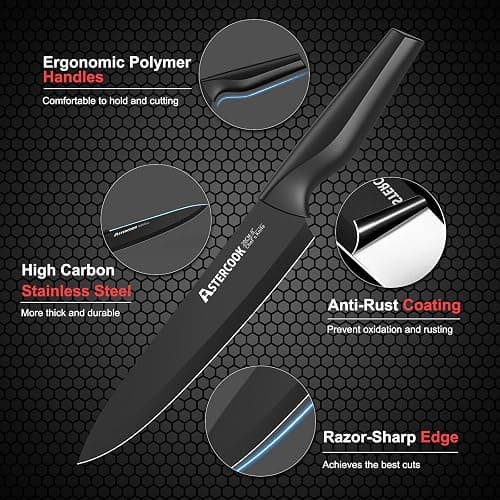 Knife Set, Astercook 21 Pieces Knife Sets for Kitchen with Block, Dishwasher Safe Kitchen Knife Set with Built-in Sharpener, German Stainless Steel Black Knife Block Set Mothers Day Gifts thumbnail 4