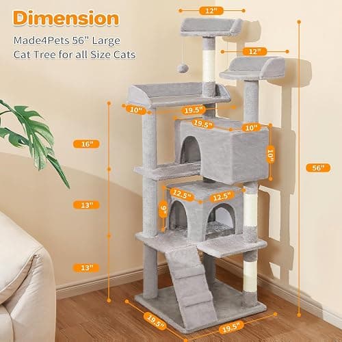 Made4Pets Cat Tree 54in Cat Tower for Indoor Cats Kitten Tree Multi-Level Cat Tree with 2 Condo Furniture Activity Center with Scratching Posts Funny Toys Kittens Pet Play House, Light Grey thumbnail 8