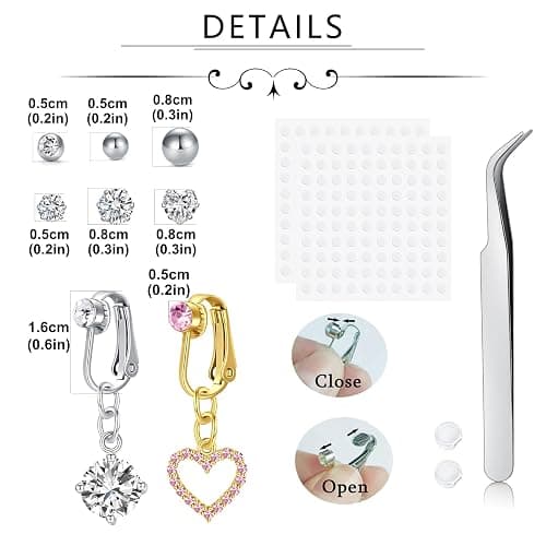 QWALIT Gold Fake Belly Piercing Cubic Zircon Butterfly Clip on Belly Button Rings Stick on Navel Ring Studsnon Piercing Fake Piercing Jewelry Pink Heart Silver Sticky Balls no Pierced thumbnail 2
