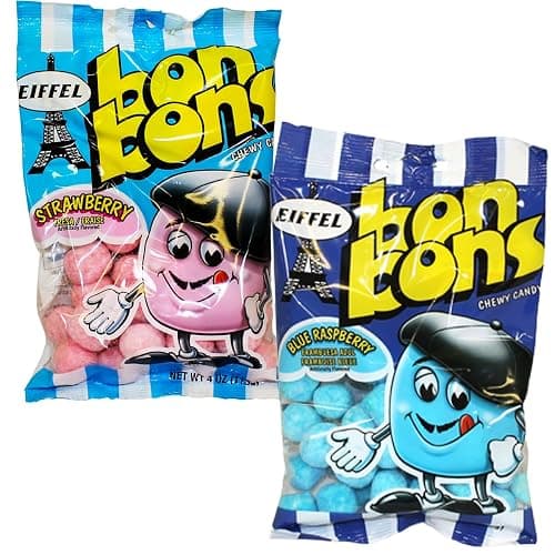 Eiffel Bon Bons Variety 2 Pack, 4 Ounce Each (Pack of 2) Blue Raspberry & Strawberry, Chewy Candy Snack, The Hampton Popcorn & Candy Company - Image 1