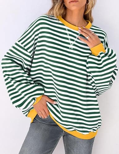 UEU Women Oversized Striped Crewneck Sweatshirt Long Sleeve Color Block Pullover Tops Casual Loose Workout Shirt thumbnail 2