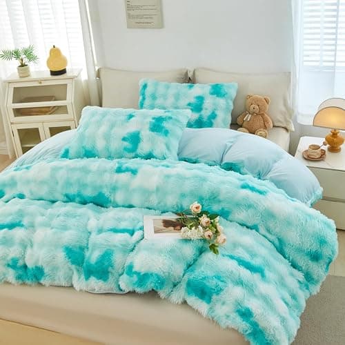 SUCSES Fluffy Comforter Cover Set Queen Size 3 Pieces Tie Dye Faux Fur Duvet Cover Set Warm Soft Luxury Velvet Girls Bedding Sets for Boys Room Decor(Tie Dye Aqua, Queen) - Image 1