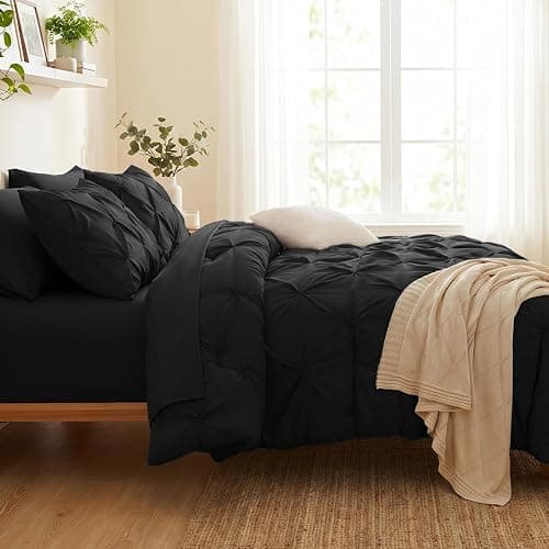 CozyLux Queen Comforter Set Black, 7 Pieces Pintuck Bed in A Bag, All Season Comforter Queen Size, Bed Set Gift for Family, Pinch Pleat Bedding Sets with Comforter, Sheets, Pillowcases & Shams thumbnail 8