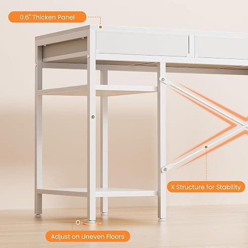 Sweetcrispy 47" Computer Desk with 6 Fabric Drawers & Storage Shelves | Reversible Gaming Desk, Office Desk, Computer Workstation, Corner Desk with Storag, Home Office, Living Room, White thumbnail 8