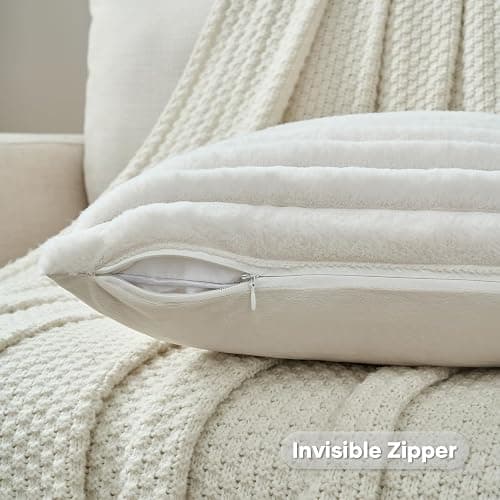 FUTEI Cream White Striped Decorative Throw Pillow Covers 18x18 Inch Set of 2,Square Spring Decorations Couch Pillow Case,Soft Cozy Faux Rabbit Fur & Velvet Back,Modern Home Decor for Bed thumbnail 4
