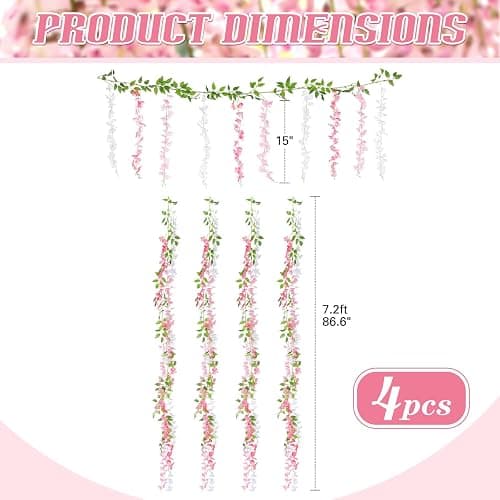 Thiccywoov 4pcs Wisteria Artificial Flowers Garland, 7.2Ft/Piece Wisteria Hanging Flowers Garland for Wedding Arch Decoration Outdoor Ceremony Home Backdrop Garden (Pink,Dark Pink,White) thumbnail 3