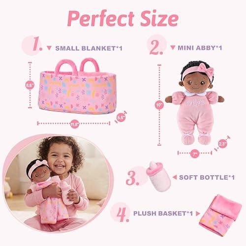 OUOZZZ Baby Doll Accessories with Black Doll, Bassinet, Blanket and Bottle | Interactive Pretend Playset for Social Emotional Learning, Educational Toy for 2 Year Old Girls thumbnail 3