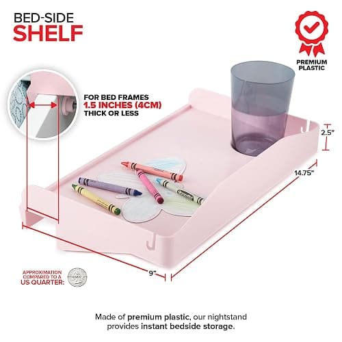 Modern Innovations Bedside Shelf for Bed, College Dorm Room, Bunk Bed Shelf for Top Bunk, Clip On Nightstand, Baby Changing Table Tray, Cup Holder for Kids, Bunkbed Caddy for Table Storage (Pink) thumbnail 2