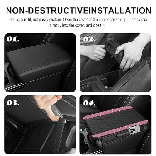 NBTEPEM Bling Car Center Console Cover, Leather Car Arm Rest Cover Cushion with 2 Storage Bags, Universal Automotive Armrest Protector Storage Box, Bling Accessories Interior for Most Vehicles (Pink) thumbnail 5
