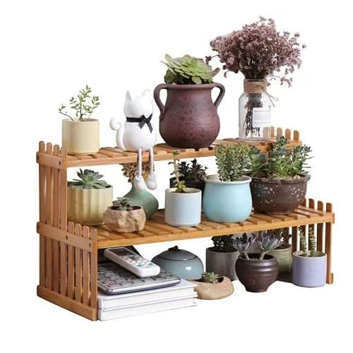 14.6"/10.8"/18.5"/22.8" 2 Tiers Bamboo Plant Stand Shelf,Desk Flower Pot Holder ,Adjustable Desktop Shelf Display Organizer Ladder Rack For Office Decorate Desk Shelving Storage Rack,Kitchen rack - Image 1