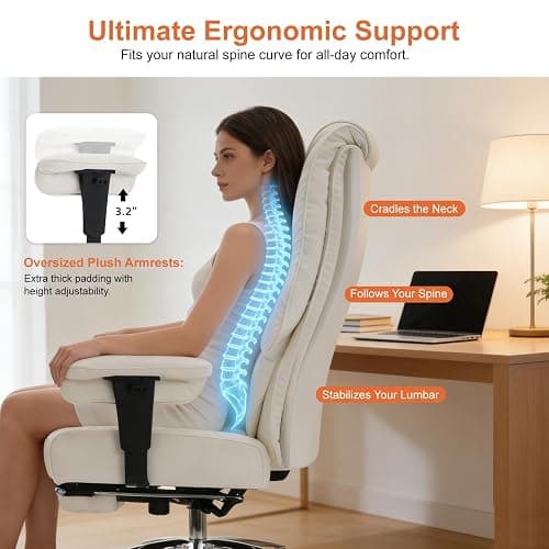 EXCEBET Big and Tall Office Chair 400lbs Wide Seat, Leather High Back Executive Office Chairs with Foot Rest, Ergonomic Lumbar Support for Lower Back Pain Relief (White) thumbnail 5