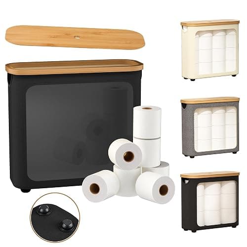 WRRLORS Toilet Paper Storage with Bamboo Lid,Black Foldable Basket | for Bathroom ,Holds 9 Mega/12 Regular Rolls,Waterproof Toilet Paper Holder Storage with Non-Slip Base,Black - Image 1